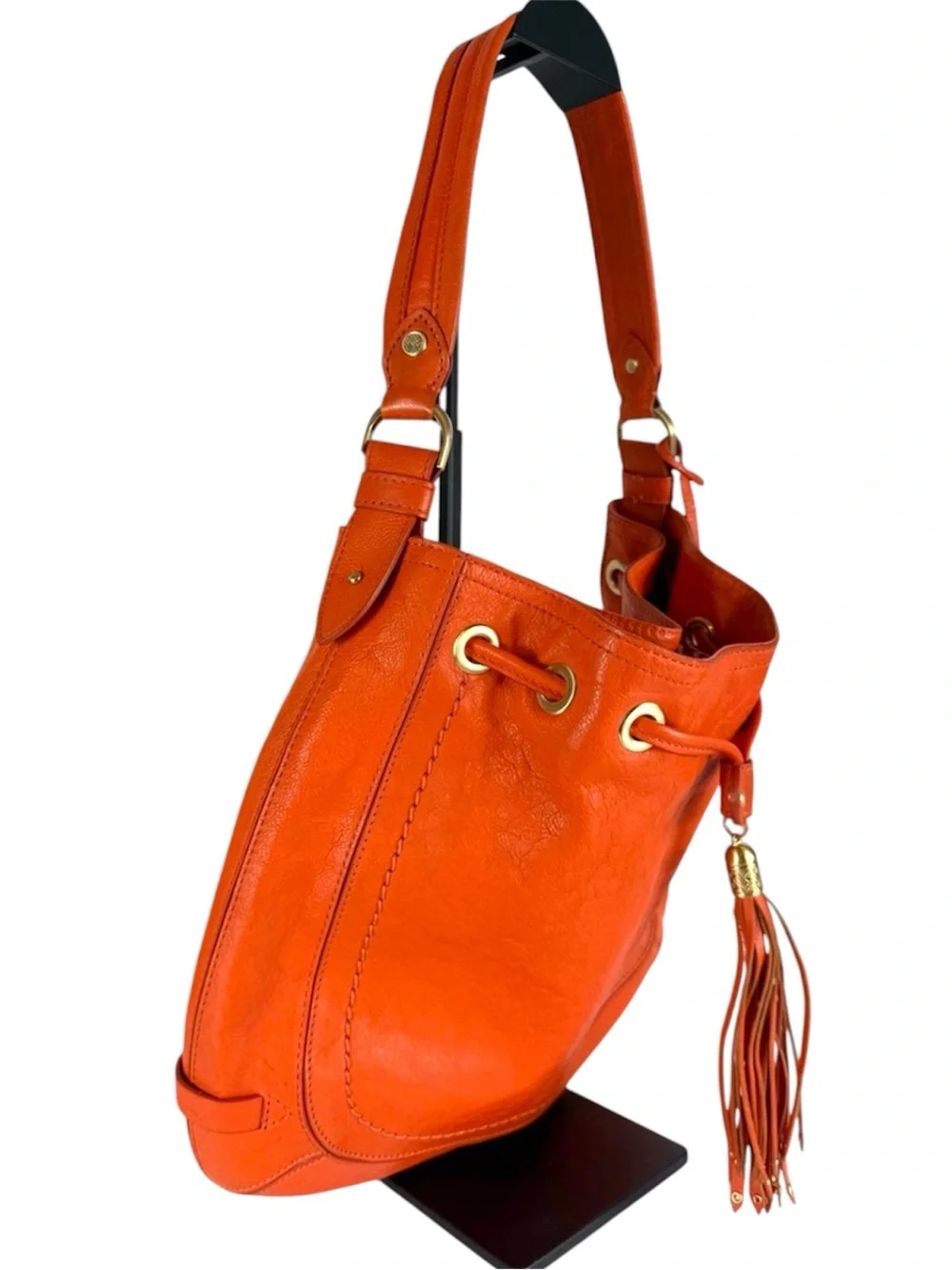 Cole Haan Orange Leather Tassel Drawstring Hobo Shoulder Bag with Dust Bag